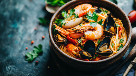 This vibrant seafood spaghetti dish features fresh shrimp, mussels, and clams, beautifully arranged with herbs and colors that tantalize the taste buds. Perfect for culinary inspiration!の素材