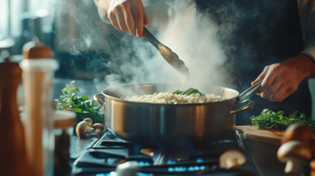 A chef skillfully stirs a pot of risotto on the stove, surrounded by fresh herbs and ingredients. Steam rises in a cozy kitchen, showcasing the care in culinary preparation.の素材