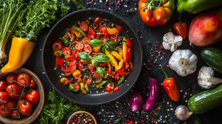 A vibrant and colorful display of fresh vegetables sizzling in a frying pan. This image captures the essence of healthy cooking with vivid textures and enticing colors, perfect for culinary inspiration.の素材