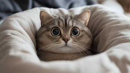 This adorable chubby cat is resting peacefully in a cozy bed, showcasing big expressive eyes. A perfect capture of comfort and tranquility in a serene indoor setting.の素材