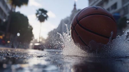 A close-up view of a basketball dribbling through water on an urban street, capturing the vibrant action and gritty ambiance of city life.の素材