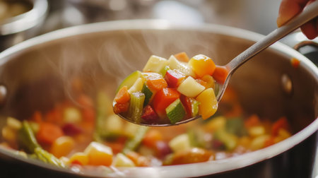 A close-up view of a ladle scooping delicious minestrone soup filled with fresh vegetables. The steam rises, creating a warm and inviting culinary experience.の素材