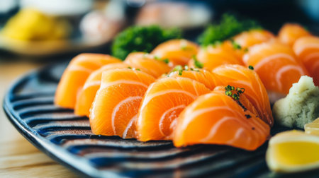 A beautifully arranged sashimi dish featuring finely sliced fish, showcasing vibrant colors and fresh ingredients, perfect for any sushi lover.の素材