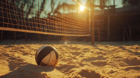 A serene sunset view of a volleyball resting on a sandy court, capturing the essence of leisure sports in a beautiful beach setting. Perfect for summer-themed content.の素材