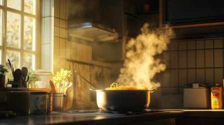 A cozy kitchen scene featuring a pot of boiling water surrounded by steam and sunlight. This inviting atmosphere highlights the essence of home cooking.の素材