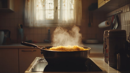 This cozy kitchen scene captures a pot of boiling water, releasing steam in a warm, inviting atmosphere. Perfect for food and cooking themes.の素材