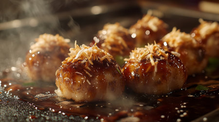 Experience the sizzling delight of freshly made takoyaki balls, expertly cooked on a hot plate, showcasing rich flavors and enticing textures.の素材