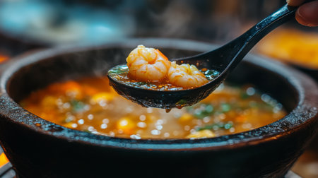 A tantalizing close-up of hot shrimp Tom Yum soup served in a bowl. The vibrant dish features succulent shrimp, aromatic herbs, and a flavorful broth, inviting you to enjoy this comforting meal.の素材