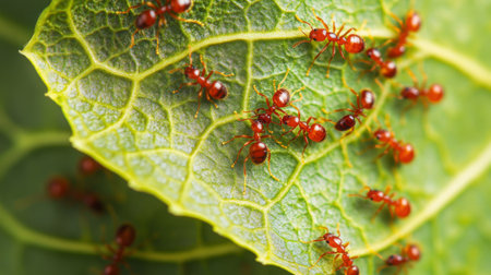 This close-up image captures tiny ants actively gathering on a vibrant green leaf, showcasing the intricate details of nature's ecosystem and their diligent work.の素材