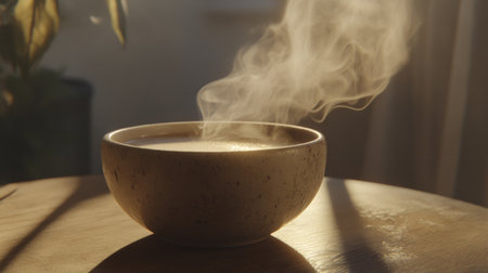 A close-up of steam rising from a coffee cup, capturing the warmth and aroma of a fresh brew in soft morning light, evoking comfort and relaxation.の素材
