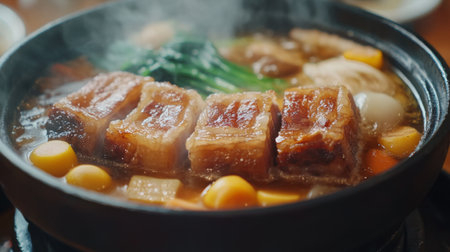 Enjoy a steaming bowl of crispy pork belly served in a savory hot pot, featuring a medley of fresh vegetables and rich flavors for a delightful dining experience.の素材