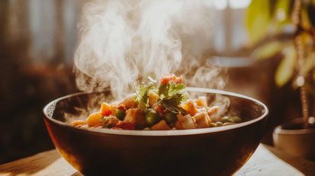 A steaming bowl of tom yum soup sits in a cozy kitchen, exuding warmth and delicious aromas. This vibrant dish is garnished with fresh herbs, ready to delight taste buds.の素材