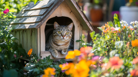 A charming tabby cat relaxes in a cozy wooden house nestled among vibrant flowers in a sunny garden, capturing the essence of serene outdoor living.の素材