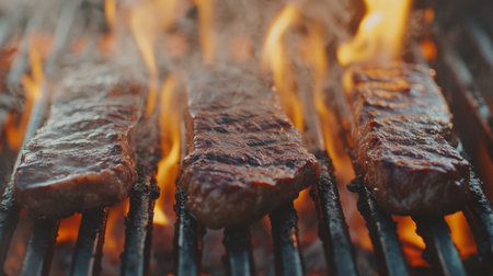 Enjoy a close-up view of marbled beef steaks sizzling on a grill, capturing the heat and smoke as they cook to perfection, ideal for culinary use.の素材