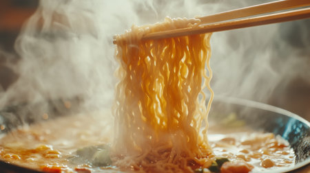 A close-up image showing steaming noodles being skillfully pulled apart with chopsticks, highlighting the texture and deliciousness of the dish. Perfect for food lovers!の素材