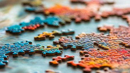 A close-up view of a nearly completed jigsaw puzzle, showcasing colorful pieces and intricate details. Perfect for illustrating creativity and leisure activities.の素材