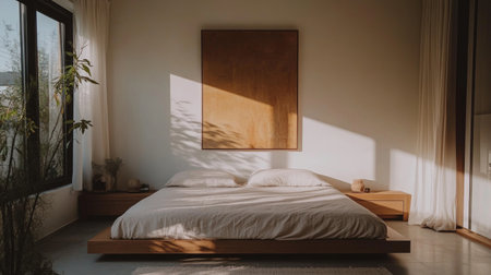 Discover a cozy minimalist bedroom featuring a low profile bed. Natural light enhances the serene atmosphere, highlighting the calming decor and modern design.の素材