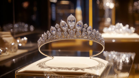 A stunning diamond tiara elegantly showcased on a glass display, capturing the essence of luxury and sophistication in jewelry design. Perfect for fashion enthusiasts and collectors.の素材