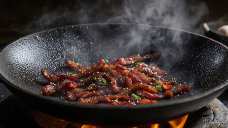 Crispy bacon strips caramelizing in a hot pan, releasing delicious aromas and steam. Perfect for culinary enthusiasts and food lovers alike.の素材