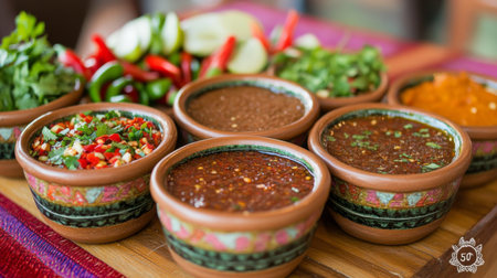 A colorful selection of fresh sauces and salsas in traditional bowls. Perfect for enhancing meals, this vibrant assortment brings flavor and spice to every dish.の素材
