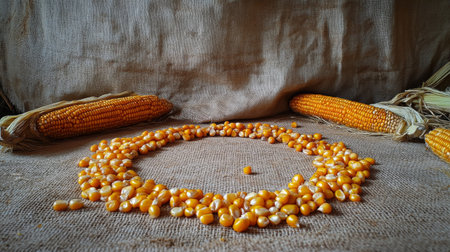 Close-up of bright yellow corn kernels arranged in a circle on burlap, with whole ears of corn on either side, showcasing rustic agricultural elements.の素材