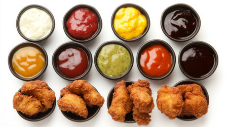 A colorful array of dipping sauces alongside crispy fried chicken. This enticing platter showcases various flavors perfect for any gathering or meal.の素材
