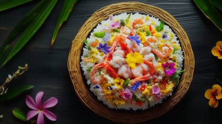 This vibrant sushi bowl features a colorful arrangement of rice topped with shrimp and edible flowers, perfect for artistic presentations and gourmet meals.の素材
