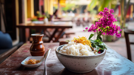 A beautifully arranged rice bowl garnished with herbs and flowers, set in a vibrant outdoor dining area, capturing a fresh and inviting culinary experience.の素材