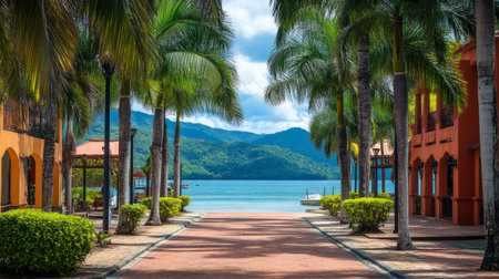 Experience a tranquil tropical landscape featuring a picturesque pathway lined with palm trees and a stunning waterfront view, perfect for vacations.の素材