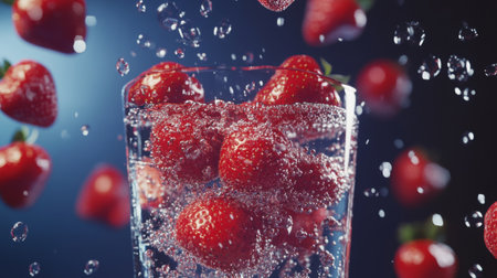 A dynamic scene featuring fresh strawberries splashing into sparkling water. The droplets and bubbles convey a refreshing, vibrant feeling perfect for summer.の素材