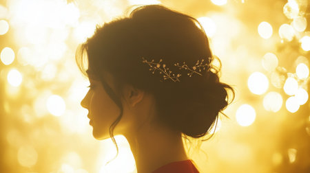 A serene profile of a woman showcasing an elegant hairstyle adorned with a delicate accessory, set against a dreamy golden background that enhances her beauty.の素材