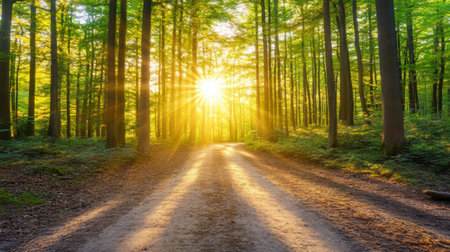 A serene forest path illuminated by warm sunlight, creating a peaceful and inviting atmosphere. Perfect for nature, hiking, and outdoor themes.の素材