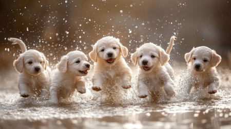 A joyful scene featuring playful puppies splashing in water, showcasing their energy and delight. Perfect for capturing the essence of fun and innocence.の素材