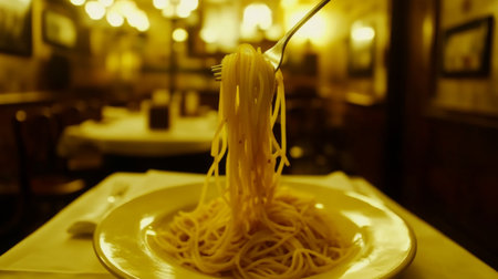 A fork lifting strands of spaghetti from a plate in a quaint restaurant setting, evoking warmth and comfort in Italian dining. Perfect for food enthusiasts.の素材