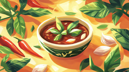 This vibrant image features a bowl of spicy sauce garnished with fresh herbs. Surrounded by chili and garlic, it reflects culinary creativity and flavor.の素材