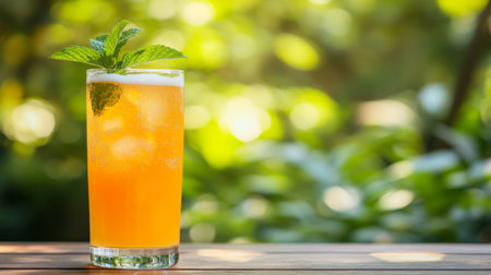 A refreshing summer beverage served in a glass, featuring vibrant orange colors and mint garnish. Perfect for outdoor relaxation and enjoyment.の素材