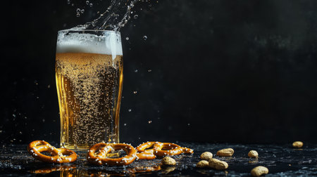 A refreshing glass of beer with vibrant bubbles and foam, accompanied by pretzels and nuts, perfect for casual gatherings or celebrations.の素材