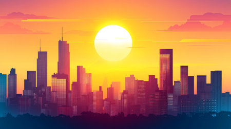 A stunning illustration showcasing a vibrant sunset over a city's skyline, featuring warm colors and silhouettes of modern buildings. Perfect for urban-themed projects.の素材