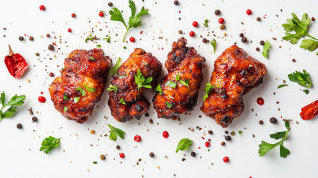 Mouthwatering spicy chicken wings presented with fresh herbs and colorful spices. Ideal for a tasty snack or an appetizer for any gathering.の素材