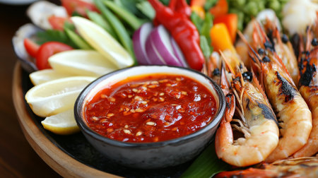 Indulge in a vibrant seafood platter featuring grilled shrimp, fresh veggies, and a zesty chili dipping sauce, perfect for sharing and enjoying.の素材