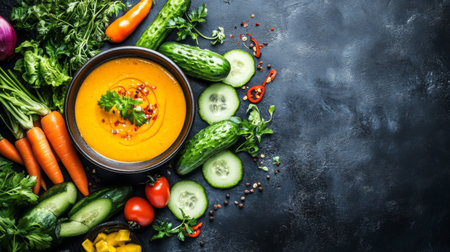 A vibrant and fresh bowl of vegetable soup surrounded by colorful ingredients like carrots, cucumbers, and herbs, showcasing a healthy dining option.の素材