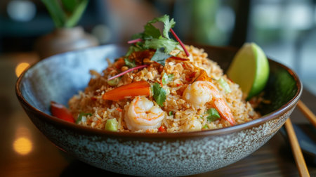 Enjoy a vibrant bowl of shrimp fried rice, topped with fresh herbs, lime, and colorful vegetables. Perfect for a delicious meal at any time.の素材