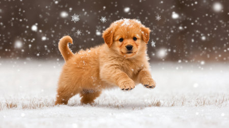 A playful puppy jumps joyfully in the snow, capturing the essence of winter fun. The fluffy fur and bright demeanor add warmth to the cold landscape.の素材