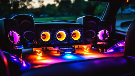 A vibrant car audio system featuring colorful speakers and dynamic lighting, perfect for enhancing the driving experience with energetic sound and style.の素材