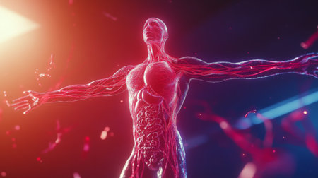 This captivating digital artwork features a stunning rendering of human anatomy, showcasing muscles and organs in vibrant colors. Ideal for educational and artistic projects.の素材