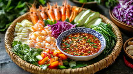A vibrant seafood platter featuring fresh shrimp and colorful vegetables, accompanied by a flavorful dipping sauce. Perfect for healthy meals.の素材
