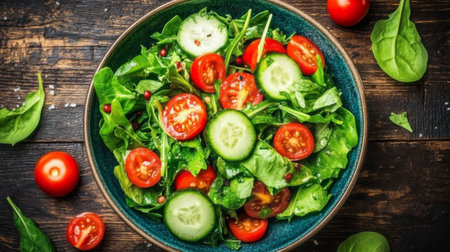 A vibrant bowl of fresh green salad featuring crisp spinach, cherry tomatoes, and cucumbers. Perfect for healthy meals or as a side dish.の素材