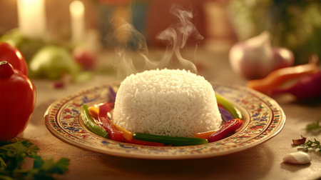 A steaming bowl of fragrant rice surrounded by colorful vegetables. Perfect for a flavorful meal, this dish adds vibrancy and warmth to your table.の素材