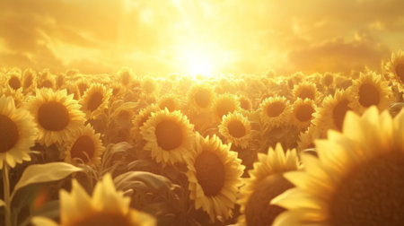 A stunning view of a sunflower field basking in the golden light of sunset. The vibrant yellow flowers stretch endlessly, creating a warm, serene atmosphere perfect for nature lovers.の素材