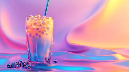 A vibrant and colorful beverage served in a glass, featuring bubbles and a straw. The festive background enhances the refreshing and playful atmosphere.の素材